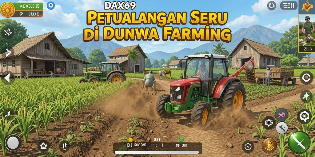 Gameplay DAX69 menampilkan ladang hijau subur dan aktivitas panen.