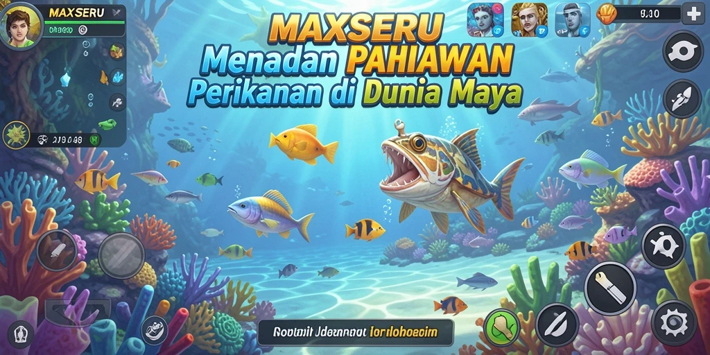 Screenshot gameplay MAXSERU dengan pemancing menangkap ikan besar.