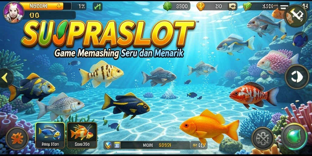 Screenshot menunjukkan gameplay seru di SUPRASLOT dengan pemandangan indah dan aksi menangkap ikan.